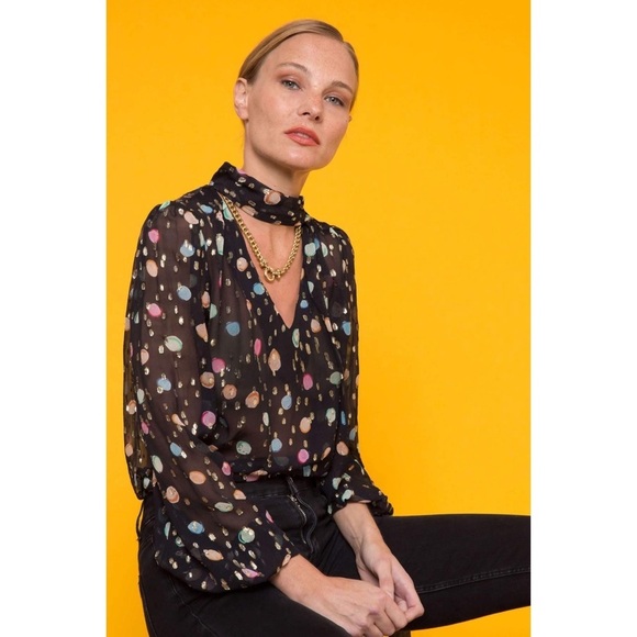 RIXO Moss Tie Neck Blouse in Sequin Watercolour Spot Black Pastel, XS - Picture 16 of 16